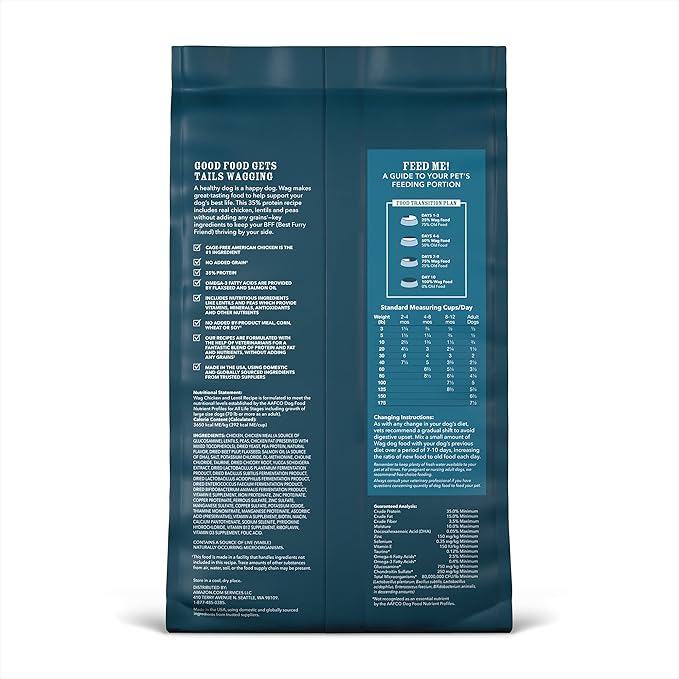 Amazon Brand - Wag Dry Dog Food Grain-Free Chicken & Lentil Recipe, High Protein (24 lb bag)