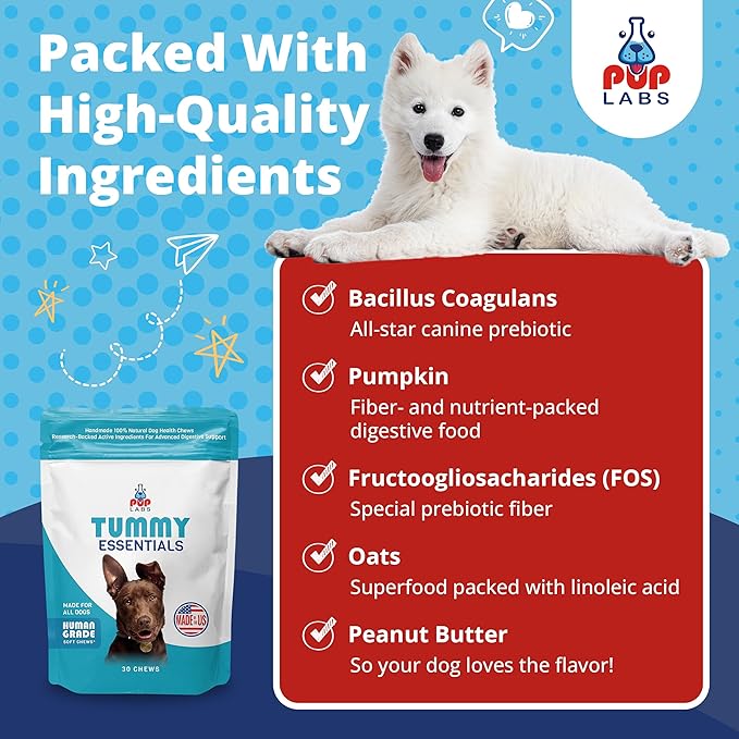 Tummy Essentials Probiotics for Dogs - Eliminate Digestive Dysfunction - Supports Gut Health - Dog Probiotics Support a Happy and Active Life - Made for All Dogs and in The USA, 30 Chews