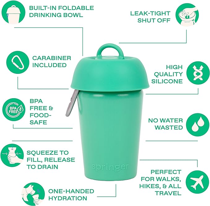 Springer Flip Portable Dog Water Bottle with Foldable Food Grade Silicone Bowl - 20 Ounce Travel Dog Water Bottle Ideal for Camping - Easy Squeeze Hydration & Release to Drain
