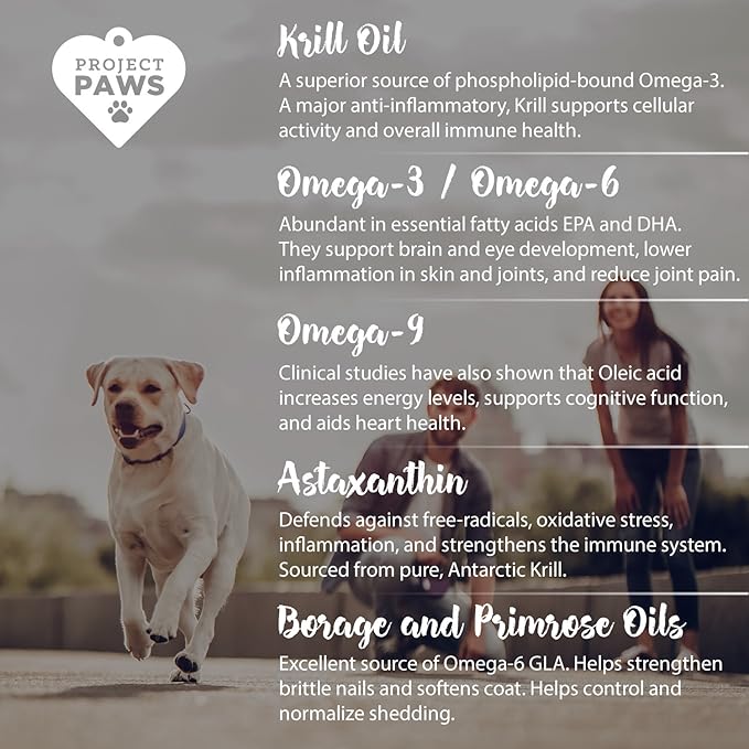 Project Paws Omega 3-6-9 Select Fish Oil for Dogs - Krill Oil Skin and Coat Supplement - 60 Count