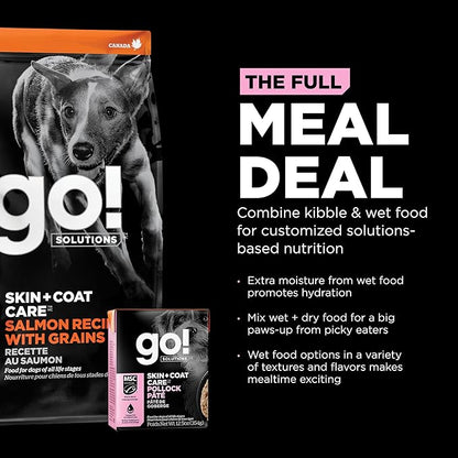 GO! SOLUTIONS Skin + Coat Care Wet Dog Food - Pollock Pâté with Grains - Complete & Balanced Nutrition for All Life Stages, 12.5 oz