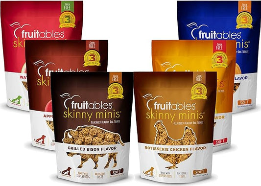 Fruitables Soft and Chewy Skinny Minis Grain Free Dog Training Treats Variety Pack of 6-1 of Each Flavor