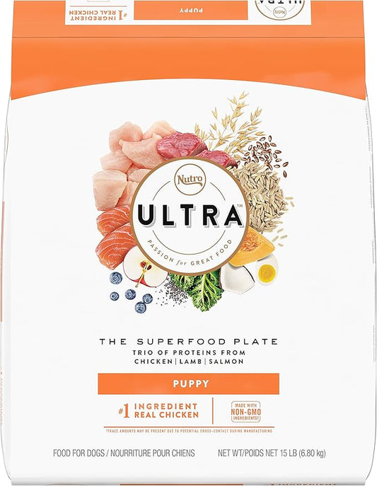 NUTRO ULTRA High Protein Natural Dry Dog Puppy Food with a Trio of Proteins from Chicken Lamb and Salmon, 15 lb. Bag