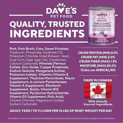 Dave's Pet Food Grain Free Wet Dog Food (Pork & Sweet Potato in Broth), Made in Canada Naturally Healthy Canned Dog Food, Added Vitamins & Minerals, Wheat & Gluten-Free, 13.2 oz (Case of 12)