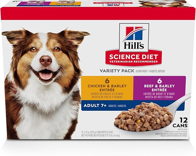 Hill's Science Diet Adult 7+, Senior Adult 7+ Premium Nutrition, Wet Dog Food, Variety Case: Chicken & Barley; Beef & Barley Loaf, 13 oz Can Variety Case, Case of 12