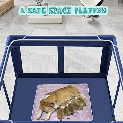 42x42x25.6 Inches Puppy Playpen with Gate, Dog Playpen for Puppies or Small Dogs, Dog Fence Pet Playpen for Indoor & Outdoor, Sturdy Safety Dog Pen with Thickened Fabric, High-Strength Nylon Wire Mesh