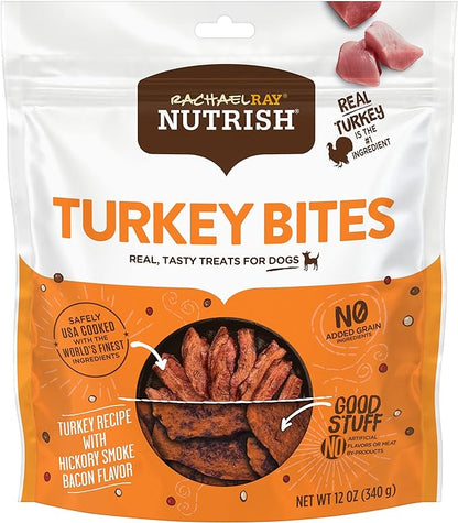 Rachael Ray Nutrish Turkey Bites Real Meat Grain Free Dog Treats, Turkey Recipe with Hickory Smoked Bacon Flavor, 12 Ounces (Packaging May Vary)