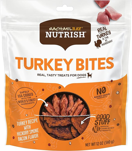 Rachael Ray Nutrish Turkey Bites Real Meat Grain Free Dog Treats, Turkey Recipe with Hickory Smoked Bacon Flavor, 12 Ounces (Packaging May Vary)