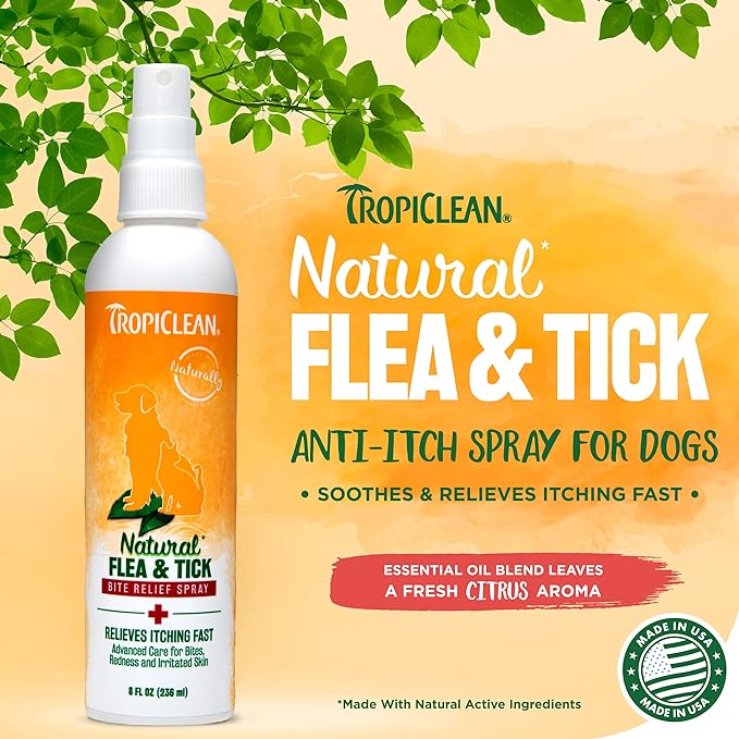 TropiClean Natural Flea and Tick Bite Relief for Dogs | Advanced Care Itch | Relief Flea Spray for Dogs | Made in the USA | 8 oz