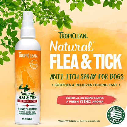 TropiClean Natural Flea and Tick Bite Relief for Dogs | Advanced Care Itch | Relief Flea Spray for Dogs | Made in the USA | 8 oz