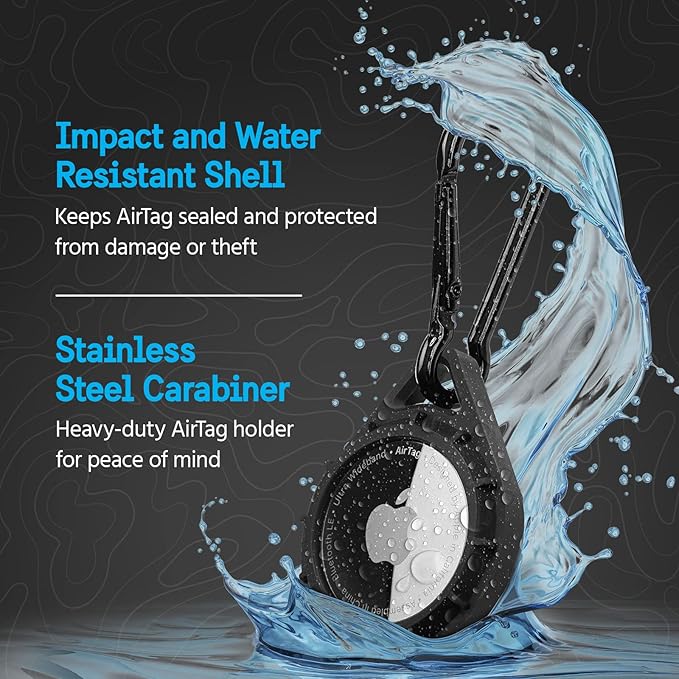 Pelican Protector AirTag Holder - AirTag Keychain w/ Stainless Steel Carabiner Clip [Impact Resistant] [Travel Essentials] - Protective Apple AirTag Case for Dog Collar, Backpack, Keys, Luggage -Black