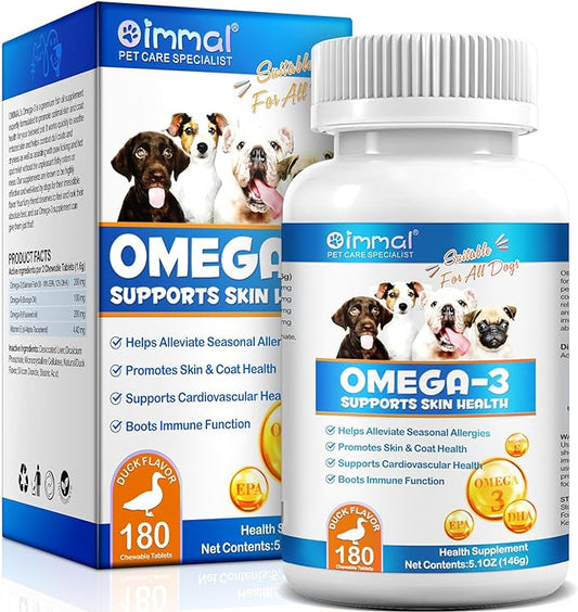 Omega 3 for Dogs, 180P Omega 3 Fish Oil Tablets for Dogs Supports Seasonal Allergies Relief, Itch Skin Relief & Promote Coat Health, Pet Dog Fish Supplements with Omega-3 6 9, Vitamin E - 180 Tablets