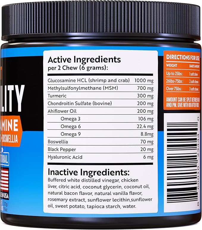 Senior Dog Joint Supplement -1000mg Glucosamine for Dogs -Advanced Hip & Joint Support Chews w/Glucosamine, Chondroitin, MSM, Turmeric & Omega 3 for Pain & Inflammation Relief, Improved Mobility