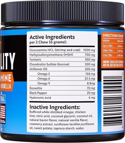 Senior Dog Joint Supplement -1000mg Glucosamine for Dogs -Advanced Hip & Joint Support Chews w/Glucosamine, Chondroitin, MSM, Turmeric & Omega 3 for Pain & Inflammation Relief, Improved Mobility
