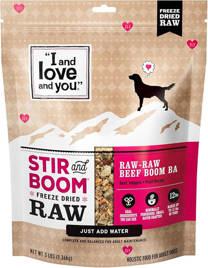 I AND LOVE AND YOU Stir and Boom Dehydrated Freeze Dried Raw Dog Food - Beef - Grain Free, Real Meat, No Fillers, 3lb Bag