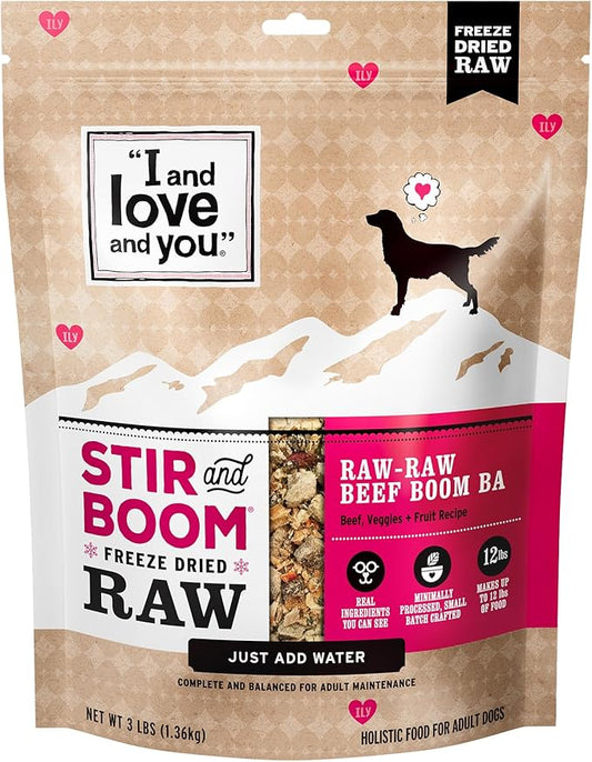 I AND LOVE AND YOU Stir and Boom Dehydrated Freeze Dried Raw Dog Food - Beef - Grain Free, Real Meat, No Fillers, 3lb Bag