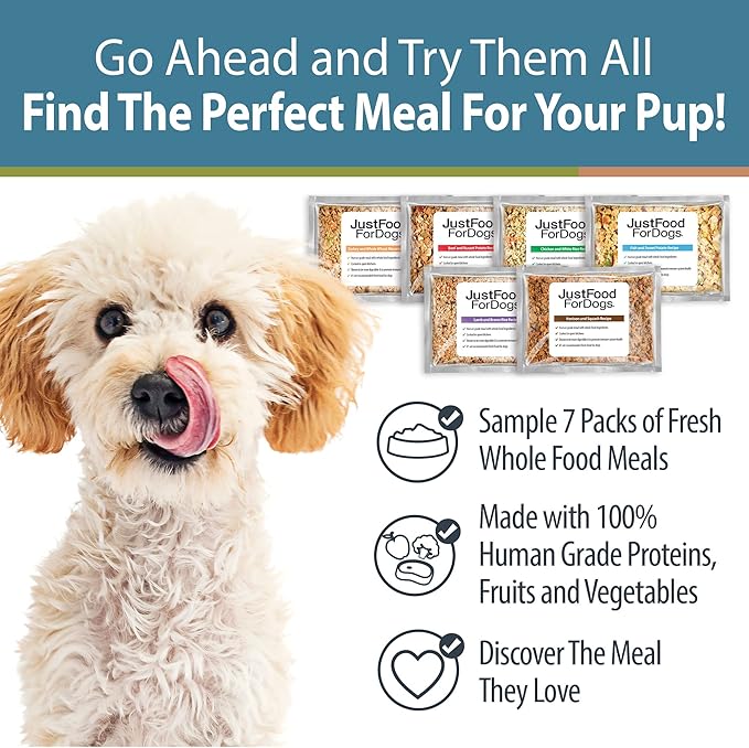 JustFoodForDogs Frozen Fresh Dog Food Sampler Human Grade Dog Food Variety Box, Complete Meal or Dog Food Topper, 18 oz (Pack of 7)