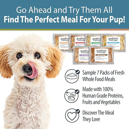 JustFoodForDogs Frozen Fresh Dog Food Sampler Human Grade Dog Food Variety Box, Complete Meal or Dog Food Topper, 18 oz (Pack of 7)