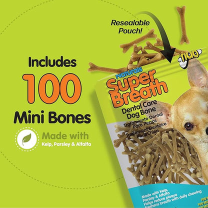 NATURALS Super Breath Dental Care Bones for Dogs - 100 Count Mini Dog Dental Treats for Extra Small Dogs, Made in USA, Tasty Dog Dental Chews Help Reduce Plaque, Tartar Buildup & Freshens Breath