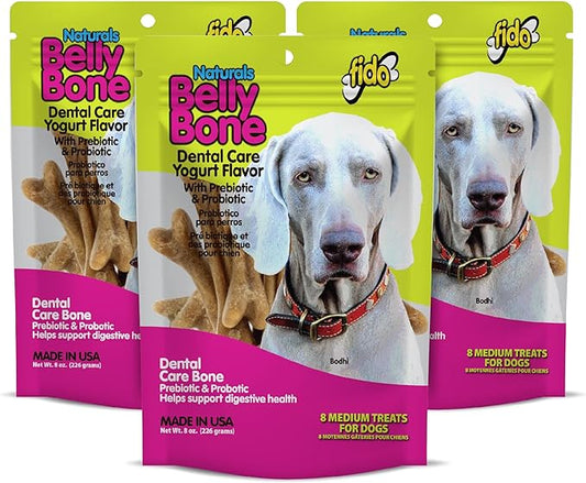 NATURALS Belly Bones for Dogs, Yogurt Flavored Medium Dog Dental Treats - 8 Treats Per Pack (3 Pack) - (Made in USA) - Plaque and Tartar Control for Fresh Breath, Digestive Health Support