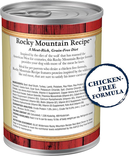 Blue Buffalo Wilderness Rocky Mountain Recipe Senior Wet Dog Food, High-Protein & Grain-Free, Made with Natural Ingredients, Red Meat Recipe, 12.5-oz. Cans (12 Count)