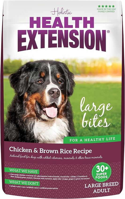 Health Extension Large Bites Dry Dog Food, Natural Food for Adult Large Breed Dogs with added Vitamins & Mineral, Chicken & Brown Rice Recipe (30 lb / 13.6 kg)