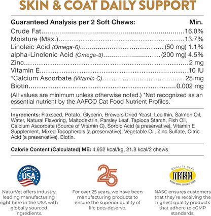 NaturVet Skin and Coat Plus Breath Aid for Dogs, 70 ct Soft Chews, Made in The USA with Globally Source Ingredients