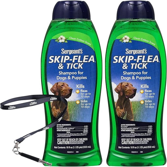 Flea and Tick for Dogs Shampoo 2-Pack, Kills Fleas, Ticks, Lice, Gentle on Sensitive Skin, Fresh Cotton Scent, Dog Flea and Tick Shampoo includes Moofin SS Pet Training Whistle, 18 oz Each