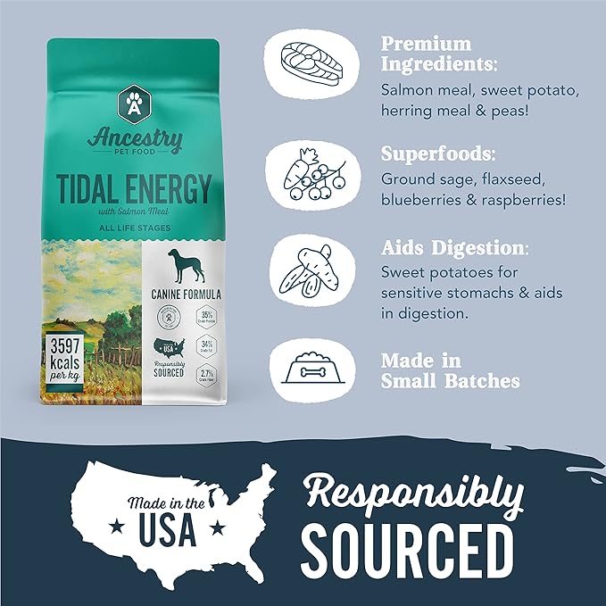 Ancestry Tidal Energy Dog Food, Salmon Meal with Sweet Potato Recipe, Crude Protein, Fiber & Fat, For All Life Stages, Improve Gut Health, Grain Free, Digestive & Immune Support (25 lb. Bag)