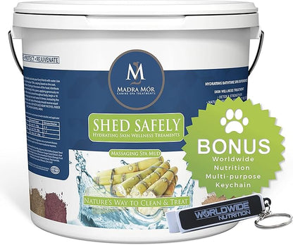 Worldwide Nutrition Bundle: Madra Mor Shed Safely Dog Essentials Mud Bath | Dog Grooming Dog Wash | Dry Skin for Dogs Treatment | Dog Itch Relief | 7.5lb Pail w Multipurpose Keychain