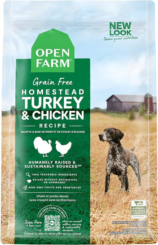 Open Farm Homestead Turkey and Chicken Grain-Free Dry Dog Food, 100% Certified Humane Poultry Recipe with Non-GMO Superfoods and No Artificial Flavors or Preservatives, 4 lbs