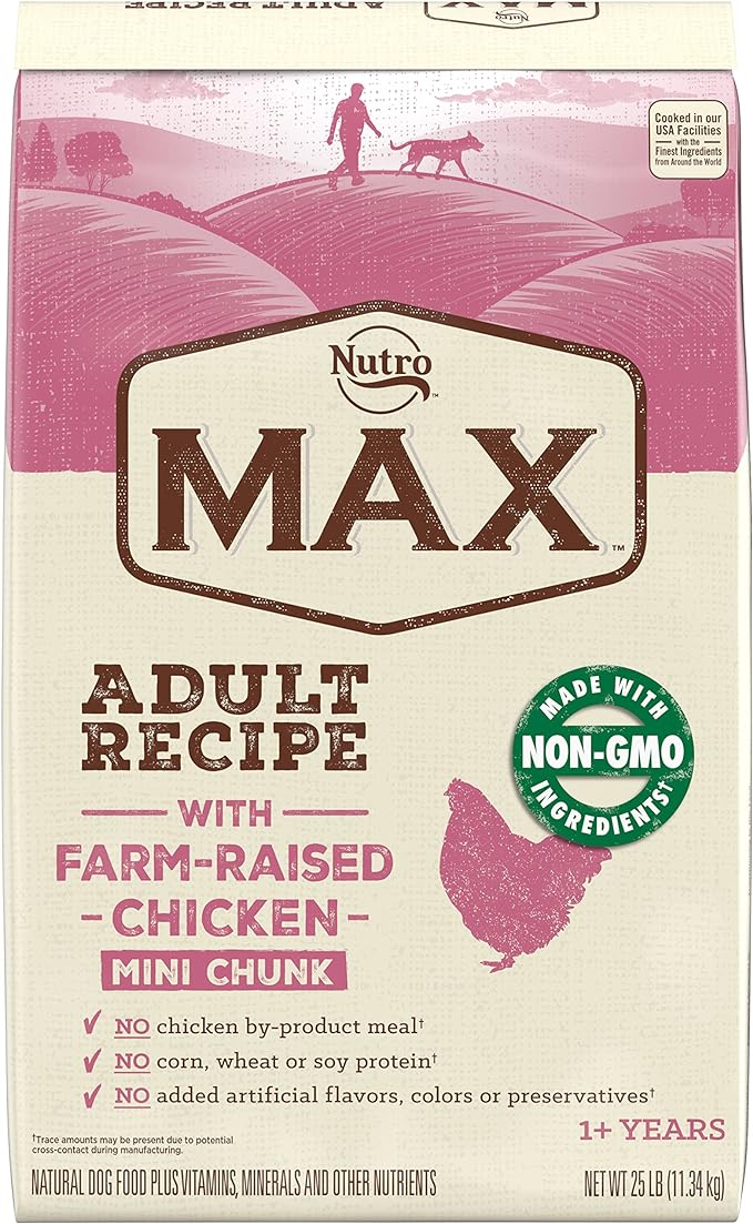 NUTRO MAX Adult Mini Chunk Recipe Dry Dog Food With Farm-Raised Chicken, 25 LB Bag