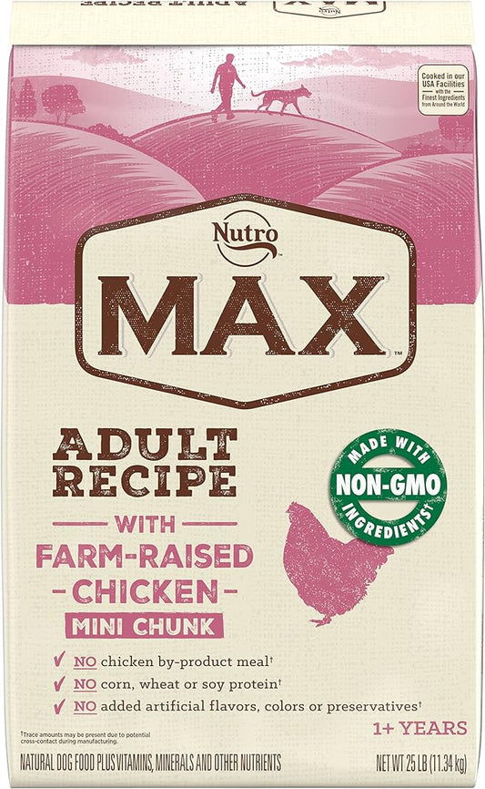 NUTRO MAX Adult Mini Chunk Recipe Dry Dog Food With Farm-Raised Chicken, 25 LB Bag