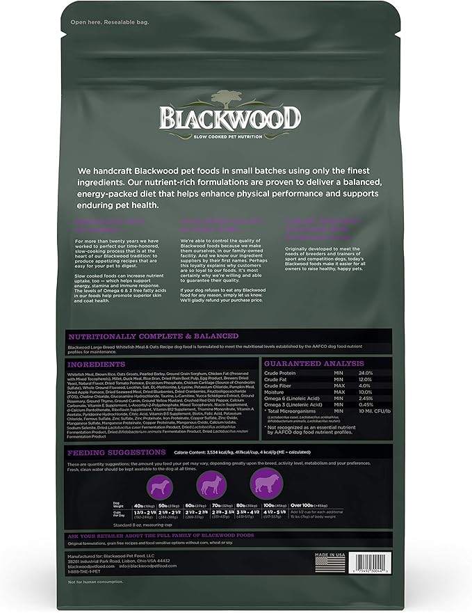 Blackwood Pet Food 22403 Adult Dog, Large Breed, Whitefish Meal & Oatmeal Recipe, 30Lb.
