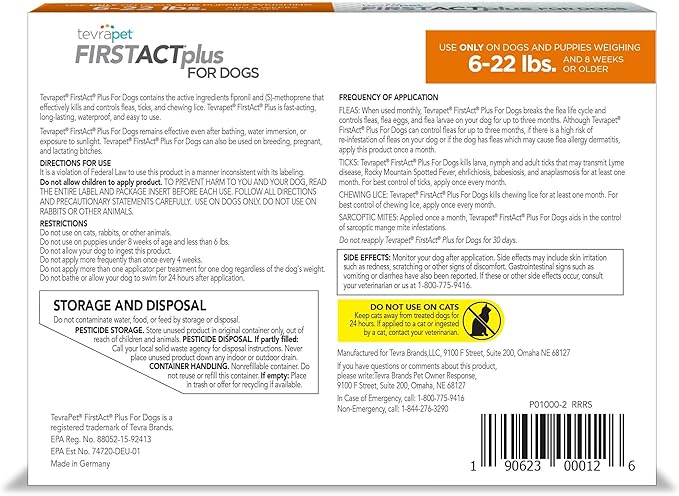 FirstAct Plus Flea Treatment for Dogs, Small Dogs 6-22 lbs, 3 Doses, Same Active Ingredients as Frontline Plus Flea and Tick Prevention for Dogs