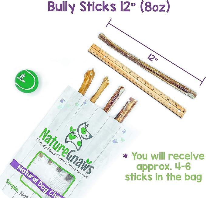 Nature Gnaws Bully Sticks for Dogs - Premium Natural Beef Dental Bones - Long Lasting Dog Chew Treats for Aggressive Chewers - Rawhide Free - Mixed Thickness 11-12"