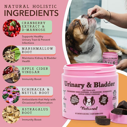 Natural Dog Company Cranberry Supplement for Dogs - Urinary & Bladder Support for Dogs - D-Mannose for Dogs Promotes Bladder Health - Turkey Flavor - Dog UTI Incontinence Supplement - 90 Soft Chews