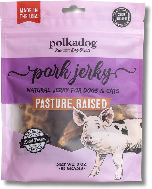 Polkadog Single Ingredient Pork Jerky Dog Treats, 3oz - Pasture-Raised from New England Farms, Additive Free Healthy Dog Treat - Handcrafted, Slow Dehydrated for Sustainably Delicious Dog Jerky