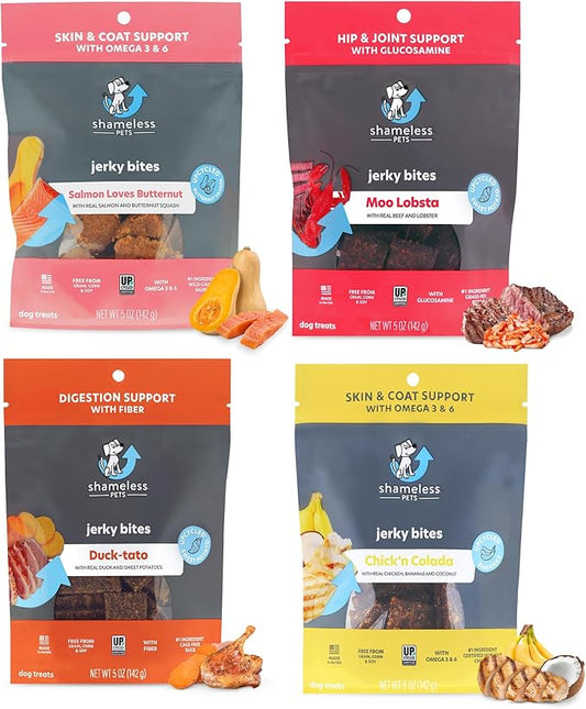 Shameless Pets Jerky Dog Treats, Variety 4-Pack - Healthy Chews with Chicken, Beef, Salmon & Duck for Dogs - Dog Treats with Real Ingredients - Free from Grain, Corn & Soy