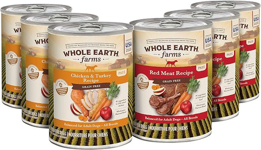 Whole Earth Farms Grain Free Soft Canned Wet Dog Food Pate Variety Pack, Chicken and Turkey, Red Meat Recipes - (12) 9.5 LB Cans