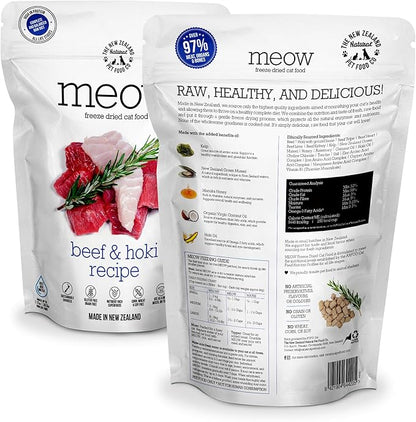 MEOW Freeze Dried Cat Food - Beef & Hoki Recipe, High Protein, Use as a Complete Diet, Topper, Mixer, or as Cat Treats, All Life Stages, 9.9 oz