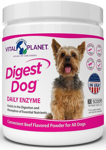 Vital Planet - Digest Dog Digestive Pancreatic Enzyme Blend with Pumpkin and Fennel to Support The Pancreas and Healthy Digestion with Pancreatin, Beef Flavored Powder for Dogs - 111 Grams 30 Scoops