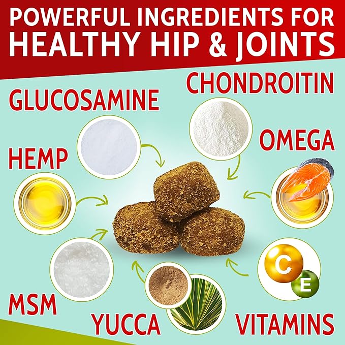 Hemp Treats for Dogs - Hip and Joint Supplement w/Glucosamine, Chondroitin, MSM, Omega 3 - Joint Pain Relief - Advanced Formula - Senior Dog Aid - Made in USA - 120 Chews