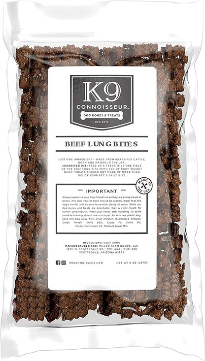 K9 Connoisseur Low to Odor Free Slow Roasted Beef Lung Dog Treats Made in USA, One Ingredient Dog Treats & All Natural Dog Treats, Grain Free Dog Treats for All Breeds & Sizes - 8 Ounce