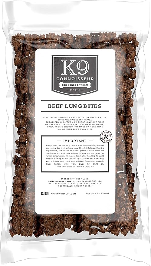 K9 Connoisseur Low to Odor Free Slow Roasted Beef Lung Dog Treats Made in USA, One Ingredient Dog Treats & All Natural Dog Treats, Grain Free Dog Treats for All Breeds & Sizes - 8 Ounce