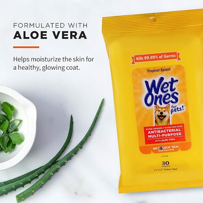 Wet Ones for Pets Multi-Purpose Dog Wipes with Aloe Vera, 30 count - 8 pack | Dog Wipes for All Dogs in Tropical Splash Scent, Wet Ones Wipes with Wet Lock Seal