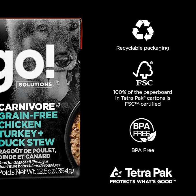 GO! SOLUTIONS Carnivore Protein Rich Wet Dog Food - Grain Free Chicken, Turkey and Duck Stew - Complete & Balanced Nutrition for All Life Stages, 12.5 oz