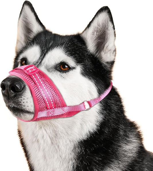 Dog Muzzle Soft Air Mesh Muzzle for Large Dogs, Adjustable Pet Muzzle for Small Medium Dogs to Drink Normally, Breathable Reflective Muzzle for Dogs to Prevent Biting Barking(Pink,M-8)