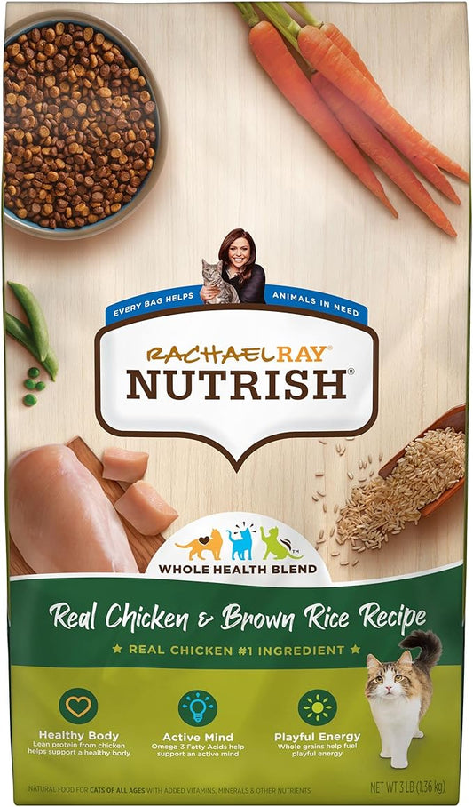 Rachael Ray Nutrish Premium Natural Dry Cat Food with Added Vitamins, Minerals & Other Nutrients, Real Chicken & Brown Rice Recipe, 3 Pound Bag