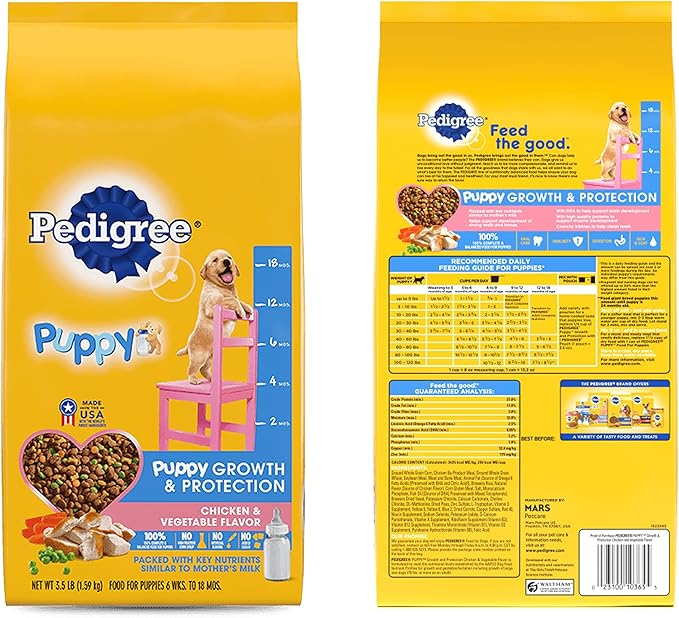 Pedigree Puppy Food Variety Bundle, 01 Bag (3.5LB) Chicken Flavor and 04 Pouches Morsels in Sauce, (02) Chicken and 02 Beef. Plus a Pet Nutrition Booklet.